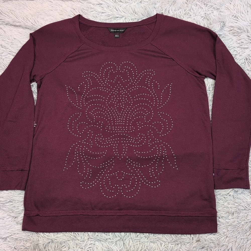 Rock & Republic Sweater Womens 0X Maroon Studded Paisley Soft Lightweight Comfy